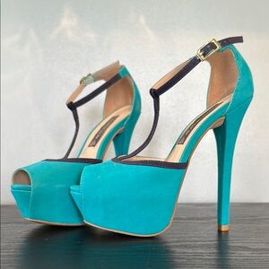 Bright Turquoise Velvet Platform Heels